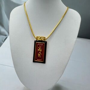 Vintage Feng Shui Enamel Flower Pendant Gold Tone Necklace Message on Back 24.5”